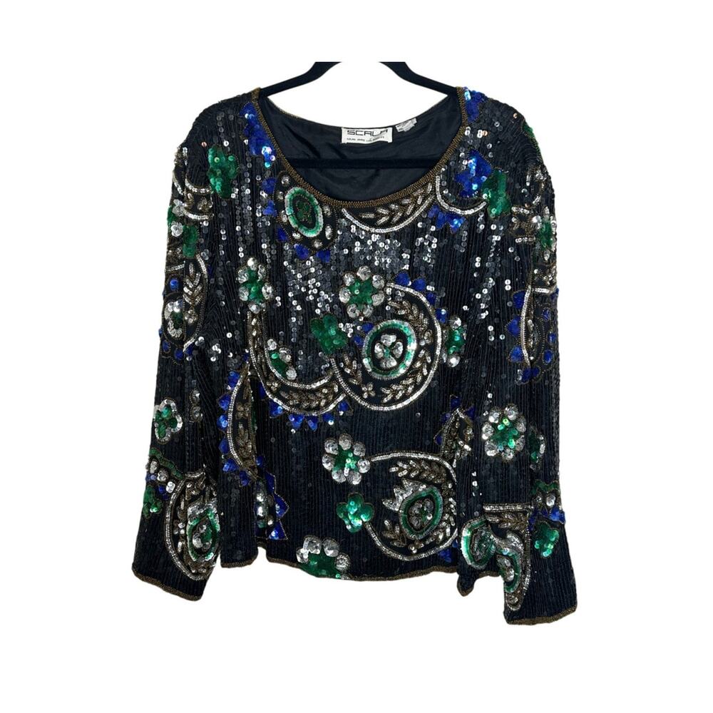 VTG Scala Silk Sequin Blouse Womens Plus 3X Black Green Gold Paisley Evening Top